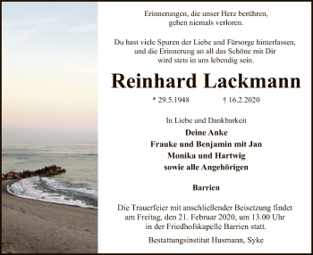 Traueranzeige von Reinhard Lackmann von SYK