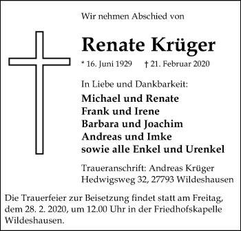 Traueranzeige von Renate Krüger von SYK