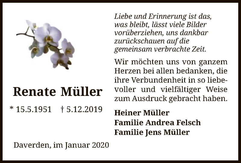  Traueranzeige für Renate Müller vom 01.02.2020 aus SYK