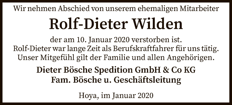  Traueranzeige für Rolf-Dieter Wilden vom 01.02.2020 aus SYK