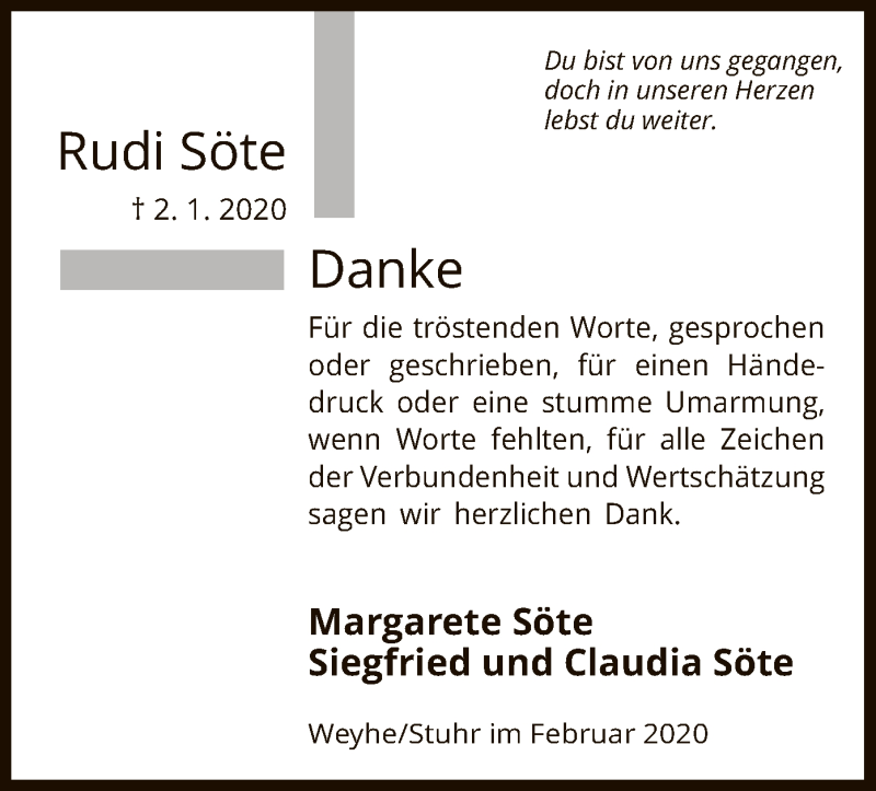  Traueranzeige für Rudi Söte vom 01.02.2020 aus SYK