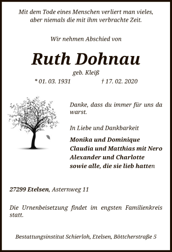 Traueranzeige von Ruth Dohnau von SYK