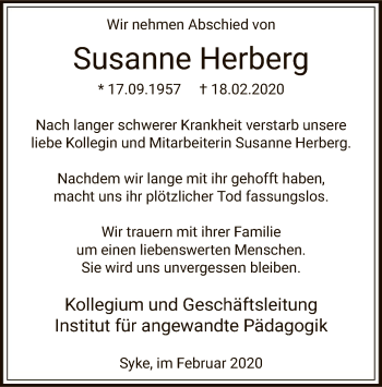 Traueranzeige von Susanne Herberg von SYK