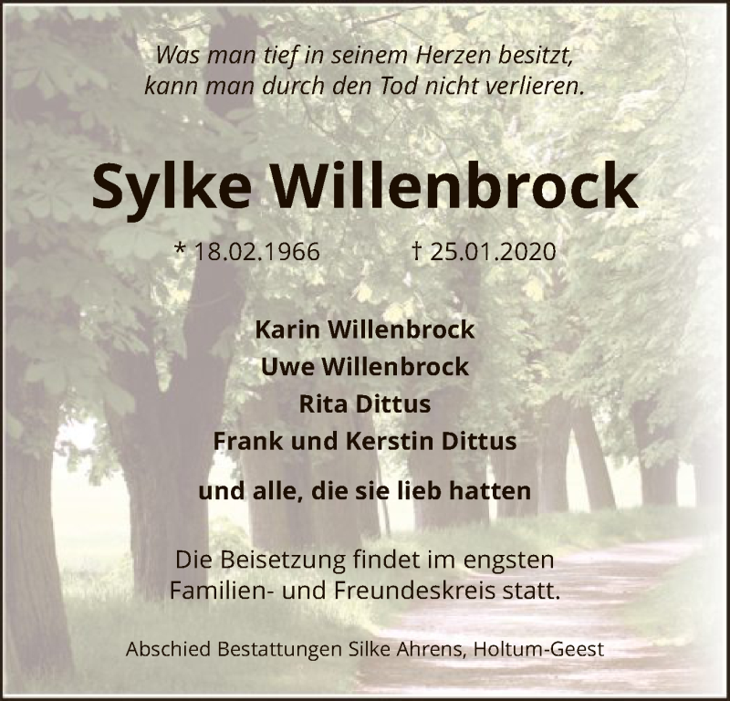  Traueranzeige für Sylke Willenbrock vom 01.02.2020 aus SYK