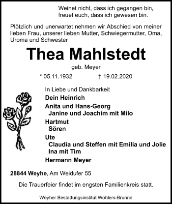 Traueranzeige von Thea Mahlstedt von SYK