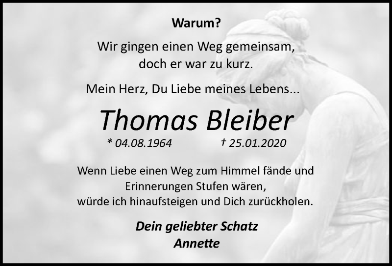  Traueranzeige für Thomas Bleiber vom 01.02.2020 aus SYK