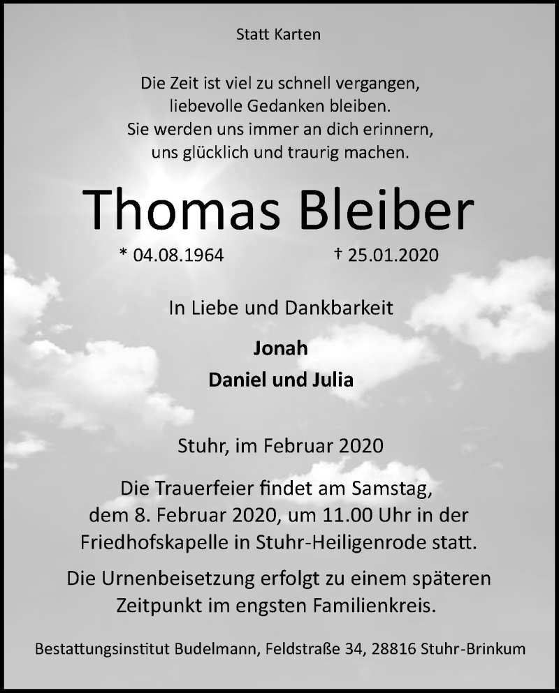  Traueranzeige für Thomas Bleiber vom 01.02.2020 aus SYK