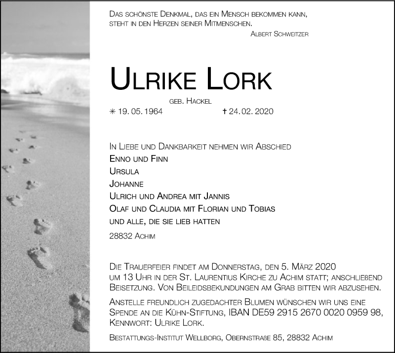  Traueranzeige für Ulrike Lork vom 29.02.2020 aus SYK