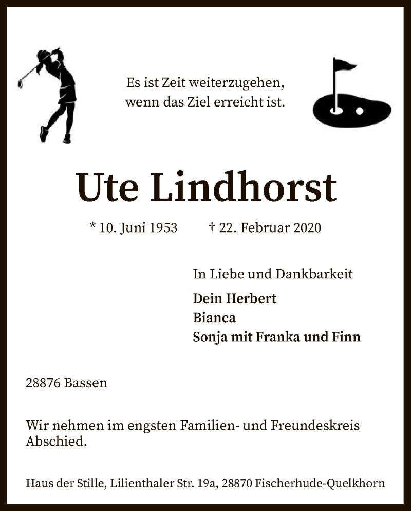  Traueranzeige für Ute Lindhorst vom 29.02.2020 aus SYK