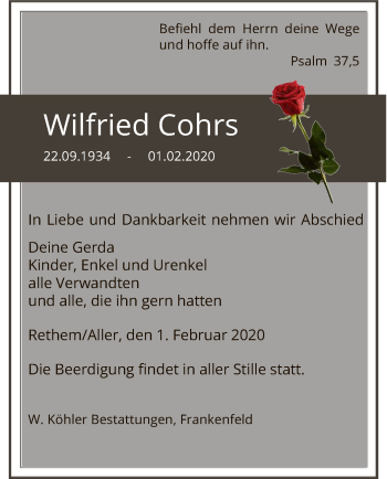 Traueranzeige von Wilfried Cohrs von SYK