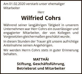 Traueranzeige von Wilfried Cohrs von SYK