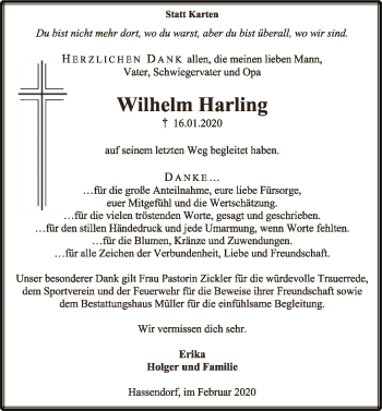 Traueranzeige von Wilhelm Harling von SYK