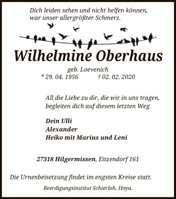 Traueranzeige von Wilhelmine Oberhaus von SYK