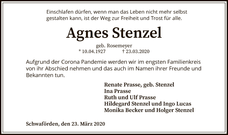  Traueranzeige für Agnes Stenzel vom 25.03.2020 aus SYK