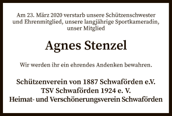 Traueranzeige von Agnes Stenzel von SYK