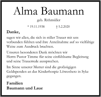 Traueranzeige von Alma Baumann von SYK