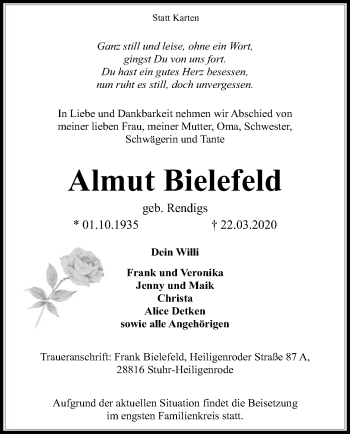 Traueranzeige von Almut Bielefeld von SYK