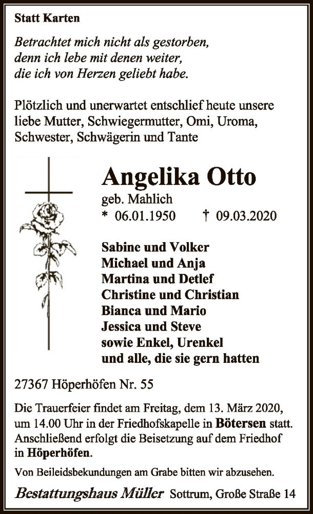  Traueranzeige für Angelika Otto vom 11.03.2020 aus SYK