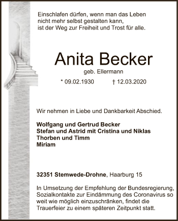 Traueranzeige von Anita Becker von SYK