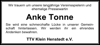 Traueranzeige von Anke Tonne von SYK