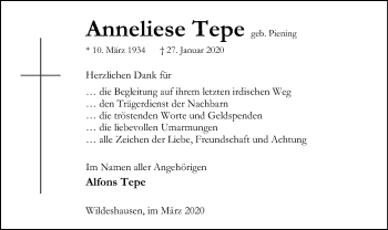 Traueranzeige von Anneliese Tepe von SYK