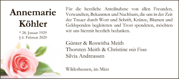 Traueranzeige von Annemarie Köhler von SYK