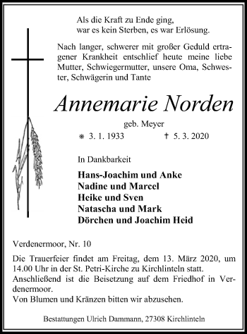 Traueranzeige von Annemarie Norden von SYK