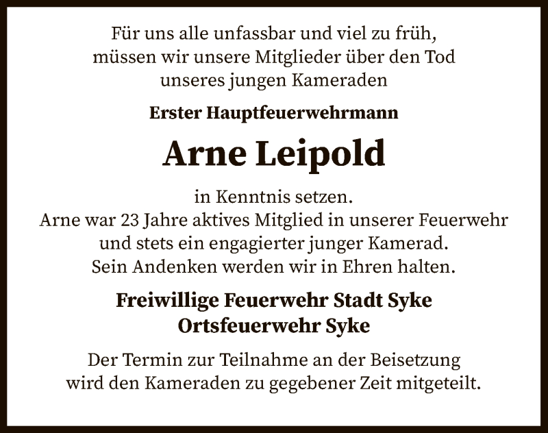  Traueranzeige für Arne Leipold vom 24.03.2020 aus SYK
