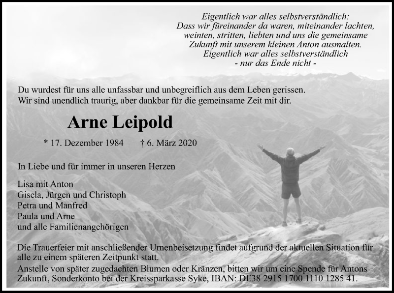  Traueranzeige für Arne Leipold vom 21.03.2020 aus SYK