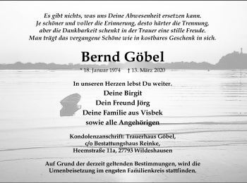 Traueranzeige von Bernd Göbel von SYK