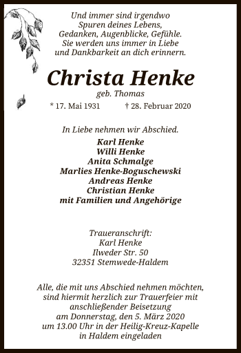 Traueranzeige von Christa Henke von SYK