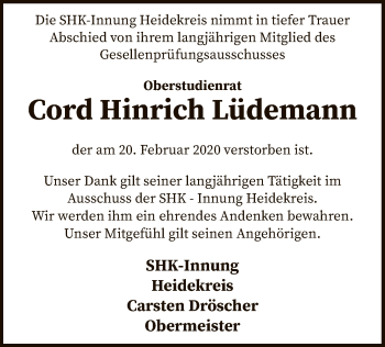 Traueranzeige von Cord Hinrich Lüdemann von SYK