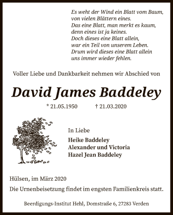 Traueranzeige von David James Baddeley von SYK