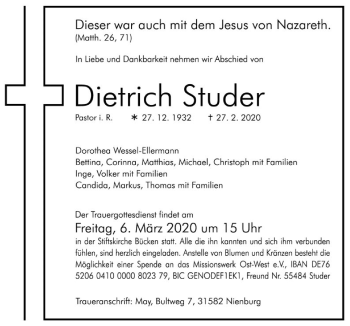 Traueranzeige von Dietrich Studer von SYK