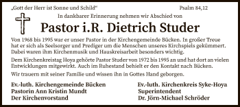 Traueranzeige von Dietrich Studer von SYK