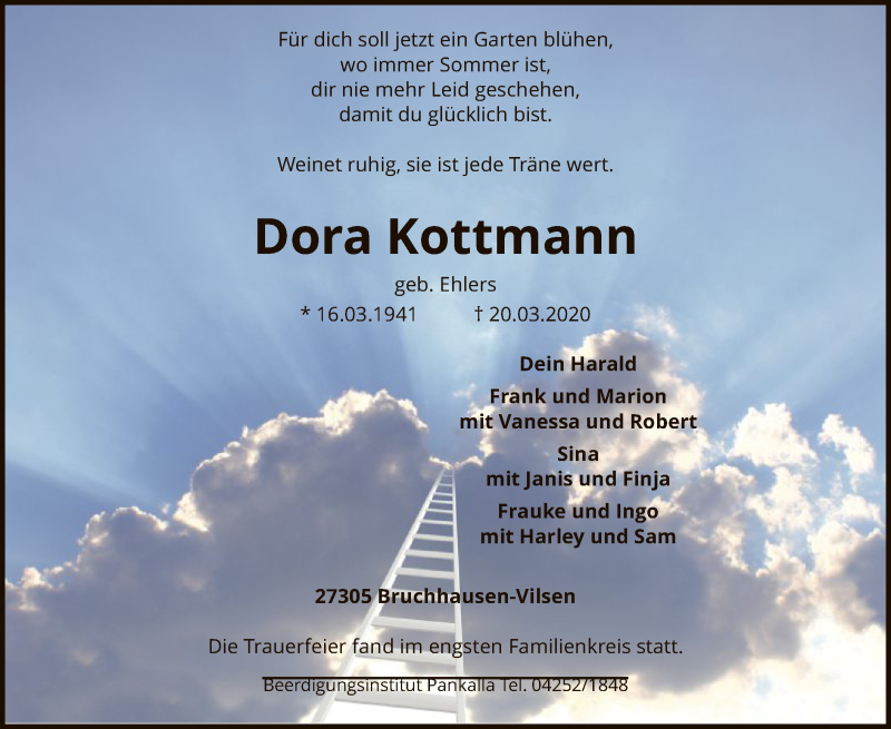  Traueranzeige für Dora Kottmann vom 28.03.2020 aus SYK