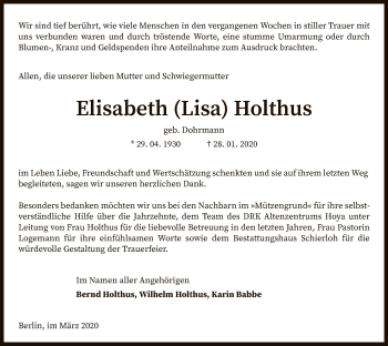 Traueranzeige von Elisabeth Holthus von SYK