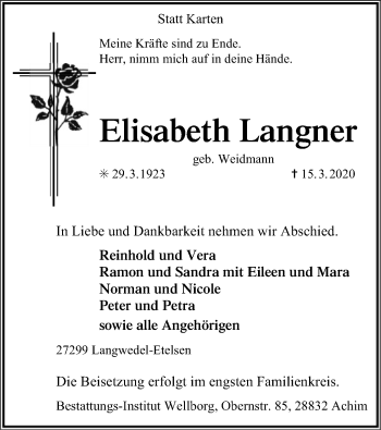 Traueranzeige von Elisabeth Langner von SYK