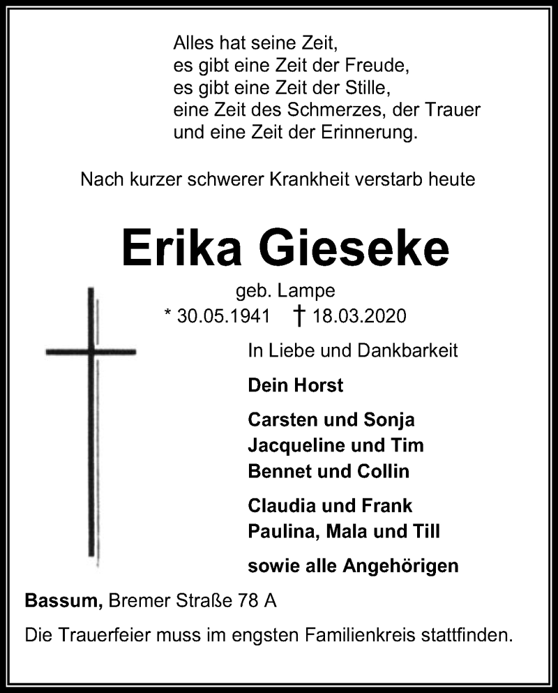  Traueranzeige für Erika Gieseke vom 21.03.2020 aus SYK