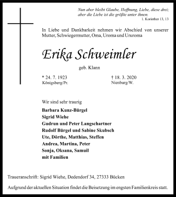 Traueranzeige von Erika Schweimler von SYK