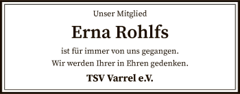 Traueranzeige von Erna Rohlfs von SYK