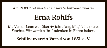 Traueranzeige von Erna Rohlfs von SYK