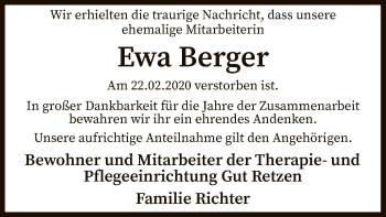 Traueranzeige von Ewa Berger von SYK