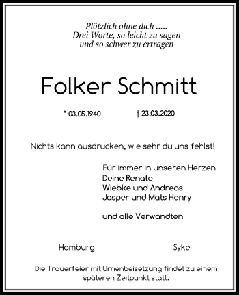 Traueranzeige von Folker Schmitt von SYK