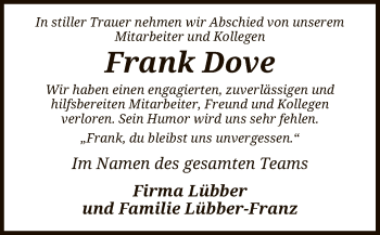 Traueranzeige von Frank Dove von SYK