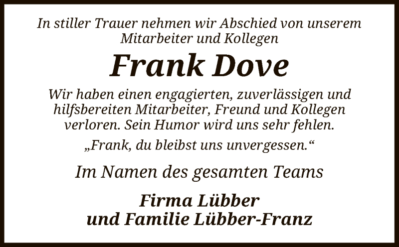  Traueranzeige für Frank Dove vom 28.03.2020 aus SYK