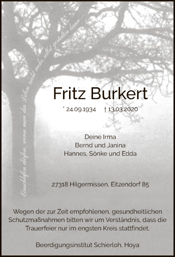 Traueranzeige von Fritz Burkert von SYK