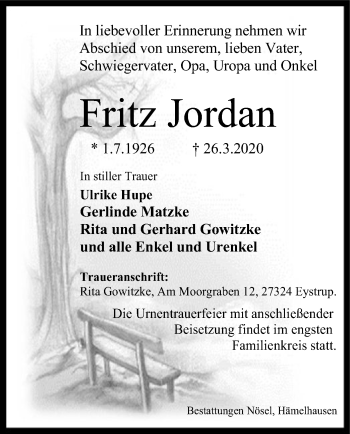 Traueranzeige von Fritz Jordan von SYK