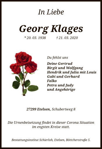 Traueranzeige von Georg Klages von SYK