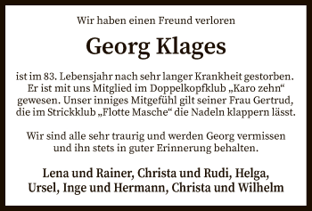 Traueranzeige von Georg Klages von SYK